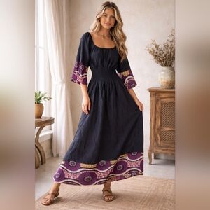 100% Cotton Boho Smocked Maxi Dress | Peasant Dress with Printed Trim